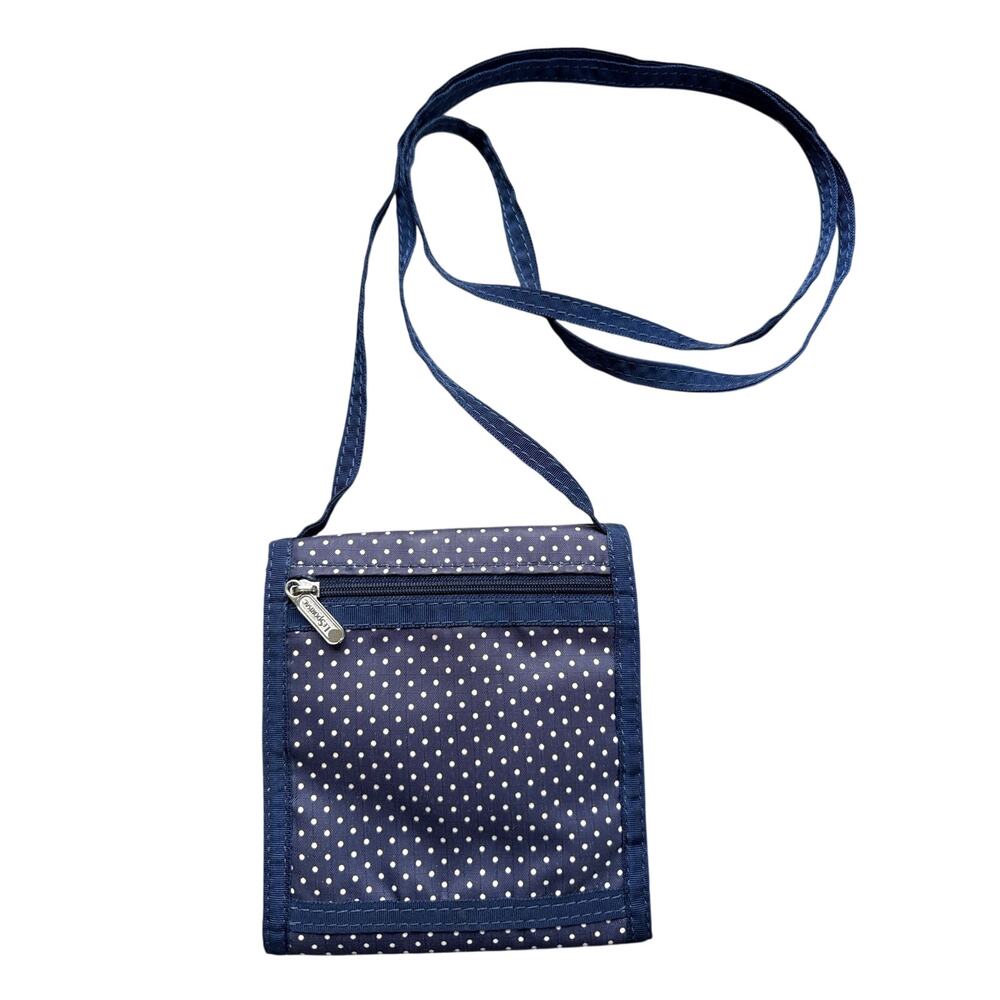 LeSportsac Tri-Fold Crossbody Wallet Blue Polka Dot  Nylon Travel Organizer VTG - Picture 2 of 5